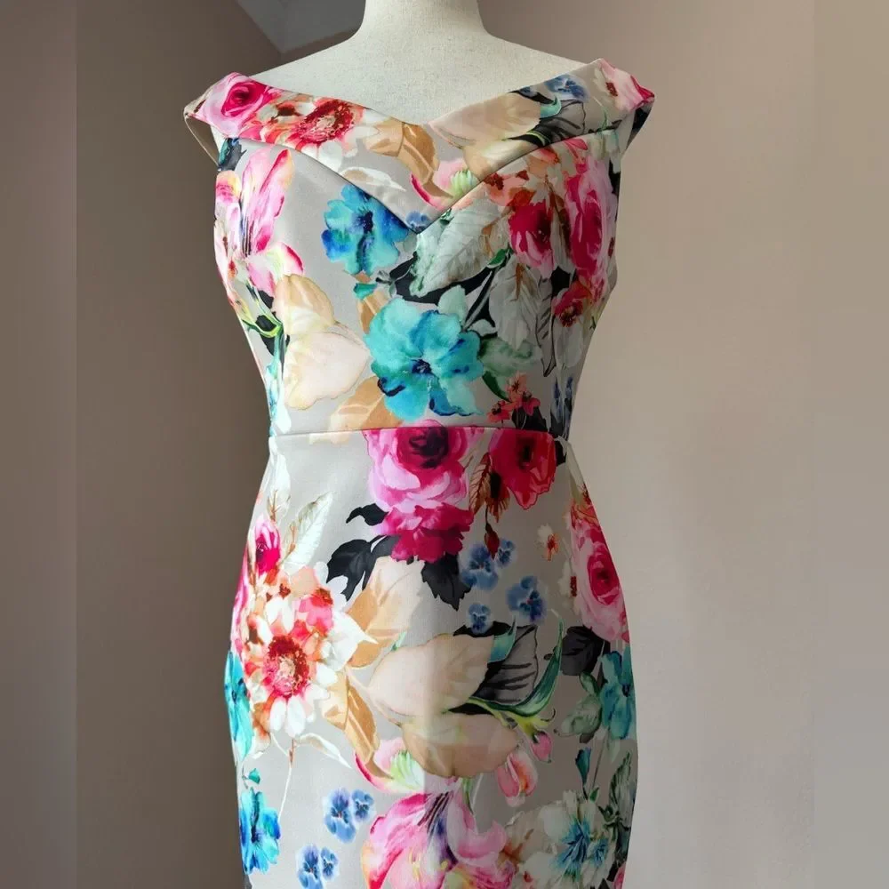 Gorgeous floral off the shoulder ASOS Scuba midi dress bodycon sz 8 wedding - Picture 10 of 12